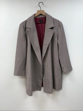 Ann Taylor Houndstooth Plaid Open Blazer Jacket Stretch Preppy Tan XL